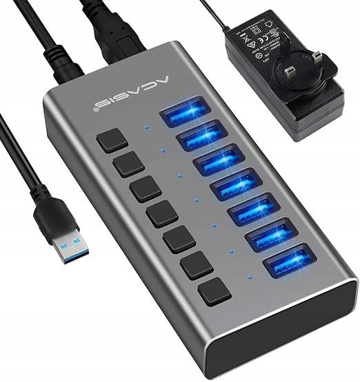 Usb hub Acasis 7 portů 36 W přepínače zapnuto/vypnuto.