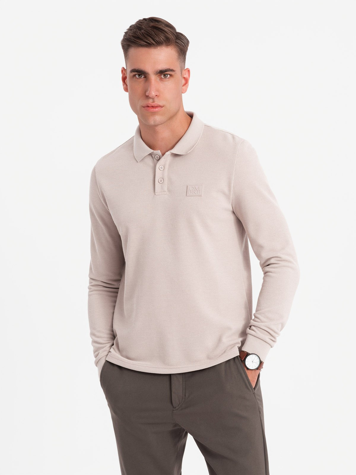 Ombre Men's structured polo longsleeve with patch - ash