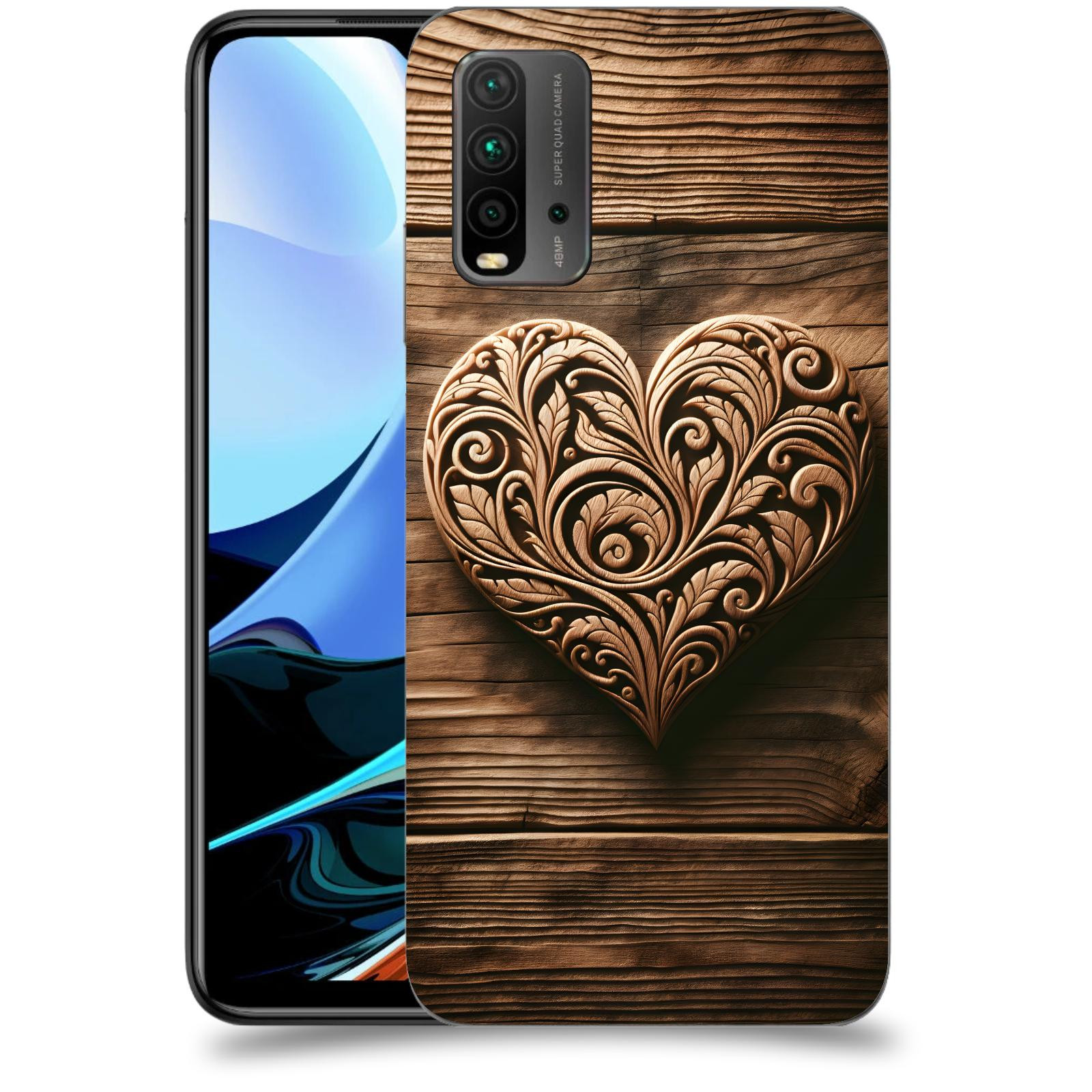ACOVER Kryt na mobil Xiaomi Redmi 9T - Dřevěné srdce