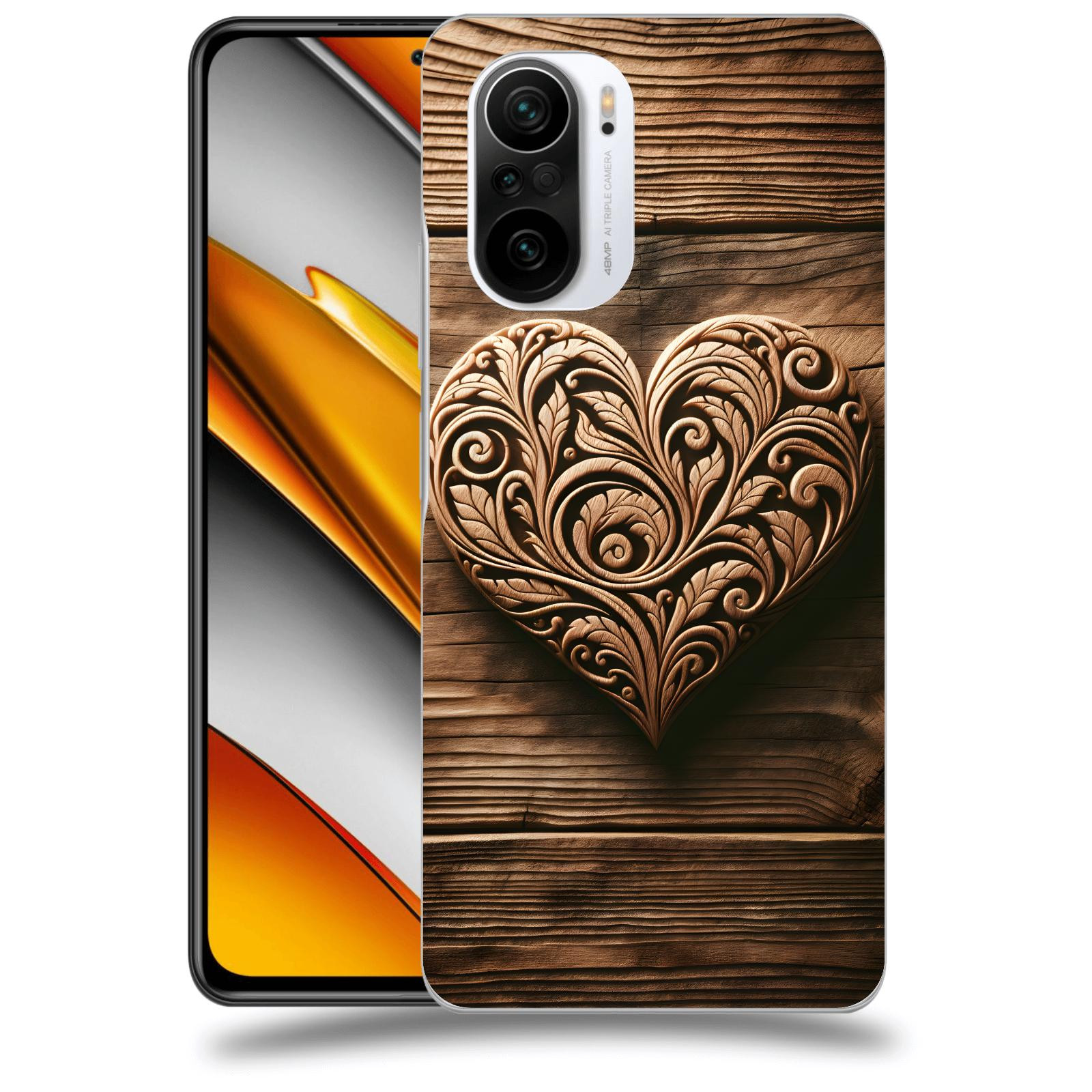 ACOVER Kryt na mobil Xiaomi Poco F3 - Dřevěné srdce