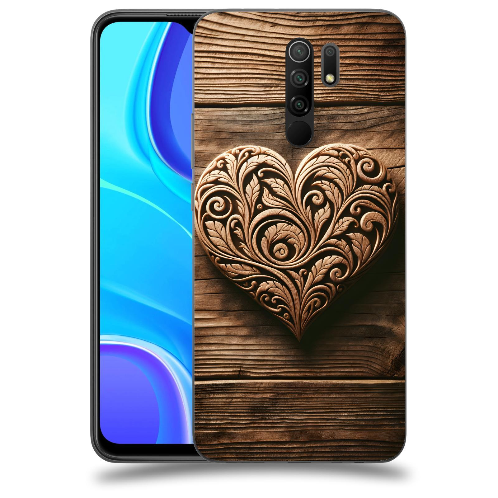 ACOVER Kryt na mobil Xiaomi Redmi 9 - Dřevěné srdce