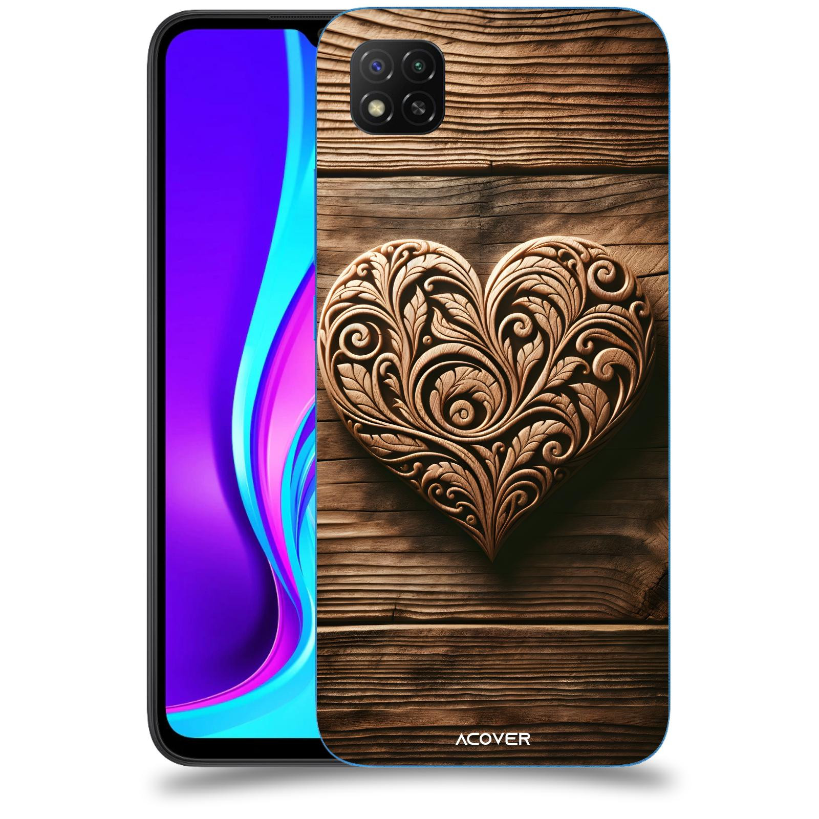 ACOVER Kryt na mobil Xiaomi Redmi 9C - Dřevěné srdce