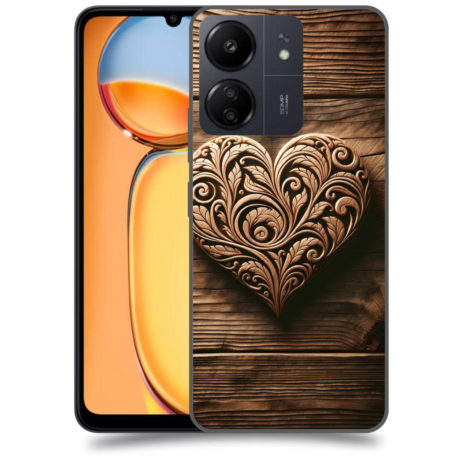 ACOVER Kryt na mobil Xiaomi Redmi 13C  Dřevěné srdce