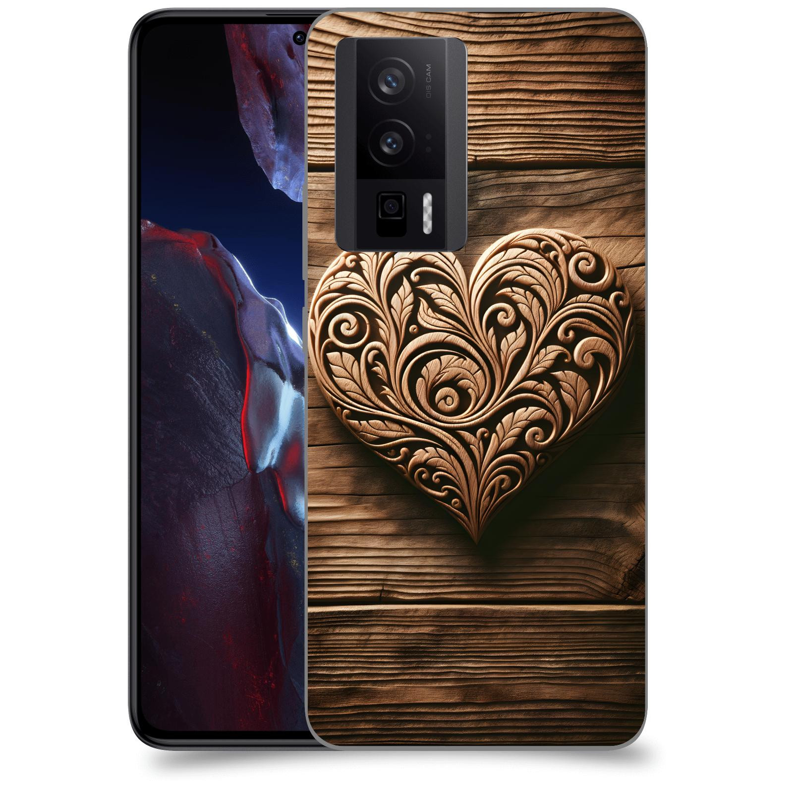 ACOVER Kryt na mobil Xiaomi Poco F5 Pro 5G - Dřevěné srdce