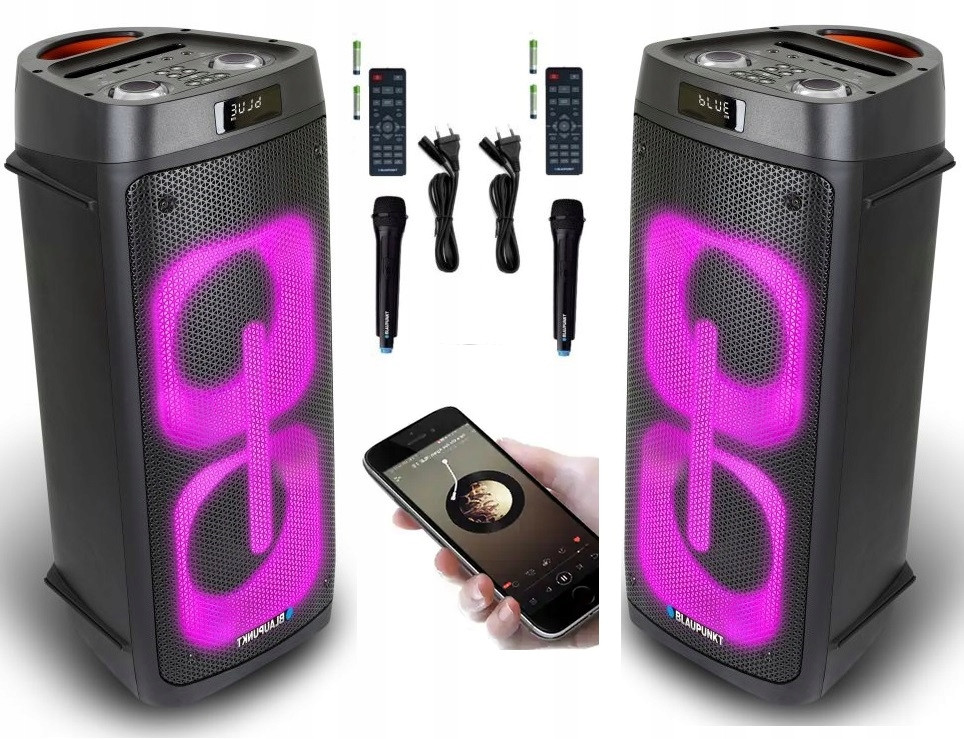 2x Aktivní Sloupec Partybox Blaupunkt PB50LED Karaoke Led Dálkové Ovládání Aux Usb Bt