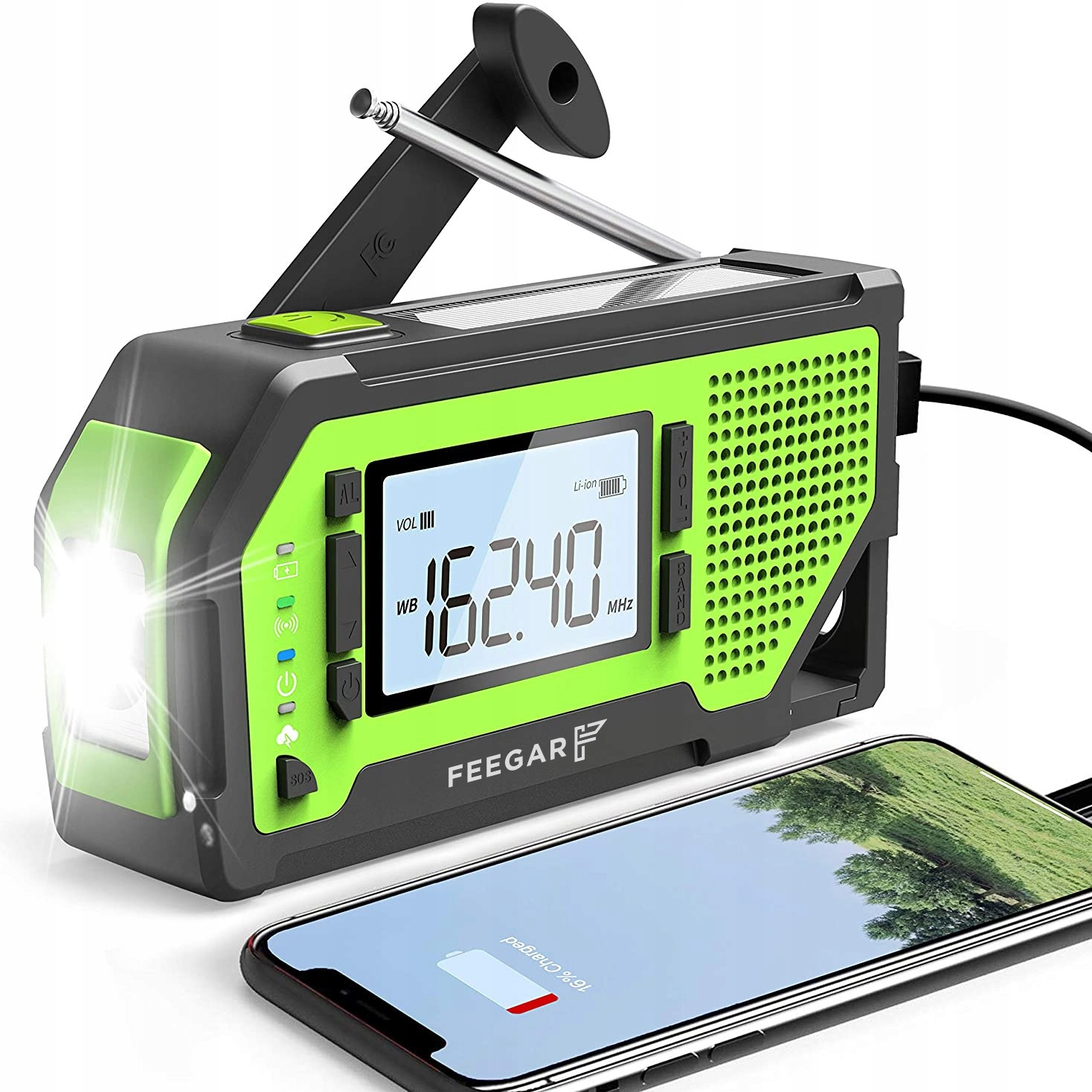 Rádio venkovní s ruční klikou,voděodolné,bluetooth solar 5000ma,zelené