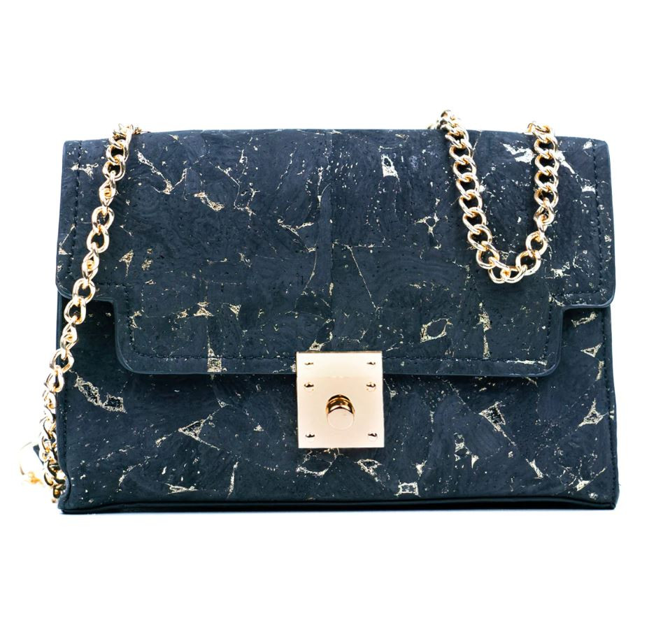 Korková kabelka s řetízkem - Černá se zlatými prvky