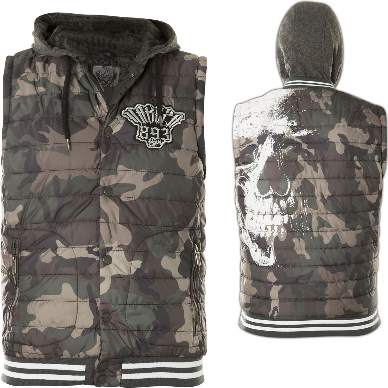 Vesta s kapucí Yakuza Skull Quilted - woodland, XL