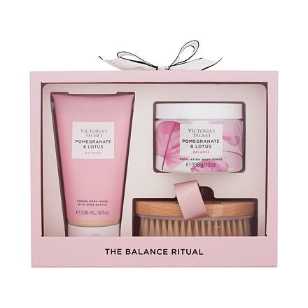 Victoria's Secret Pomegranate & Lotus Balance : sprchový krém 236 ml + tělový peeling 368 g + tělový kartáč pro ženy