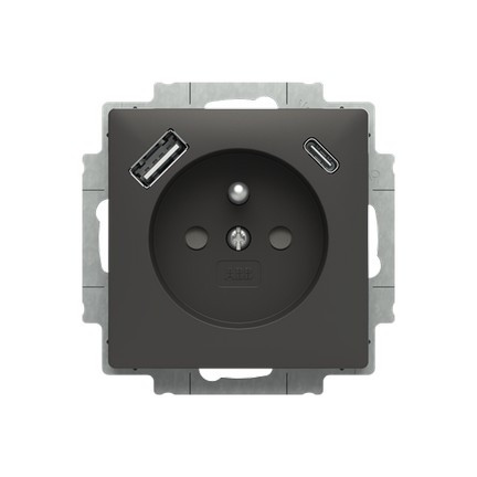 ABB 5519T-A32357 237 ZONI® Zásuvka jednoduchá s ochrannými clonkami a USB-A + UCB-C MATNÁ ČERNÁ