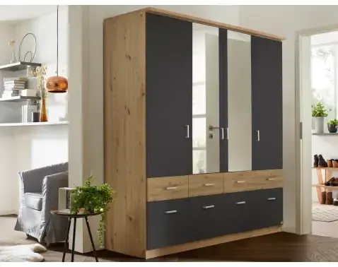 Šatní skříň se zrcadly Bremen, 181 cm, dub artisan/tmavě šedá
