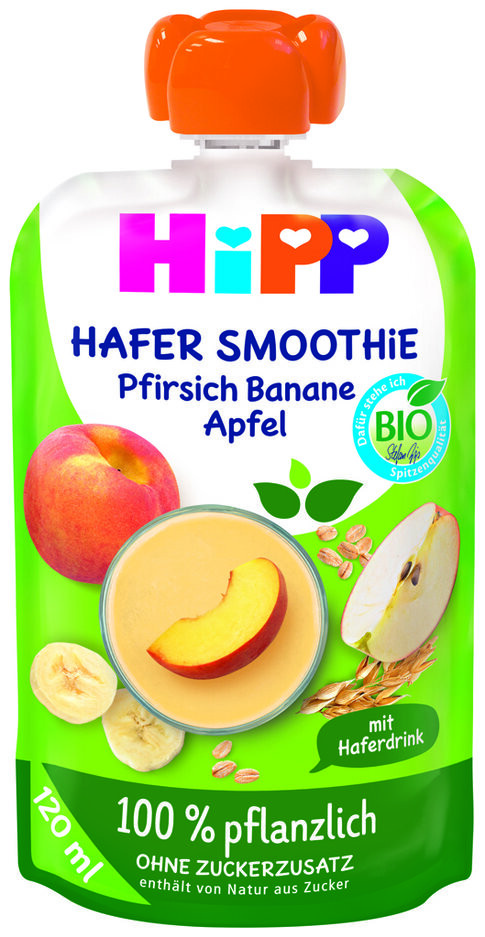 HiPP Smoothie ovesné – Jablko – Broskev – Banán 100% rostlinné BIO, 120 ml, 1r+