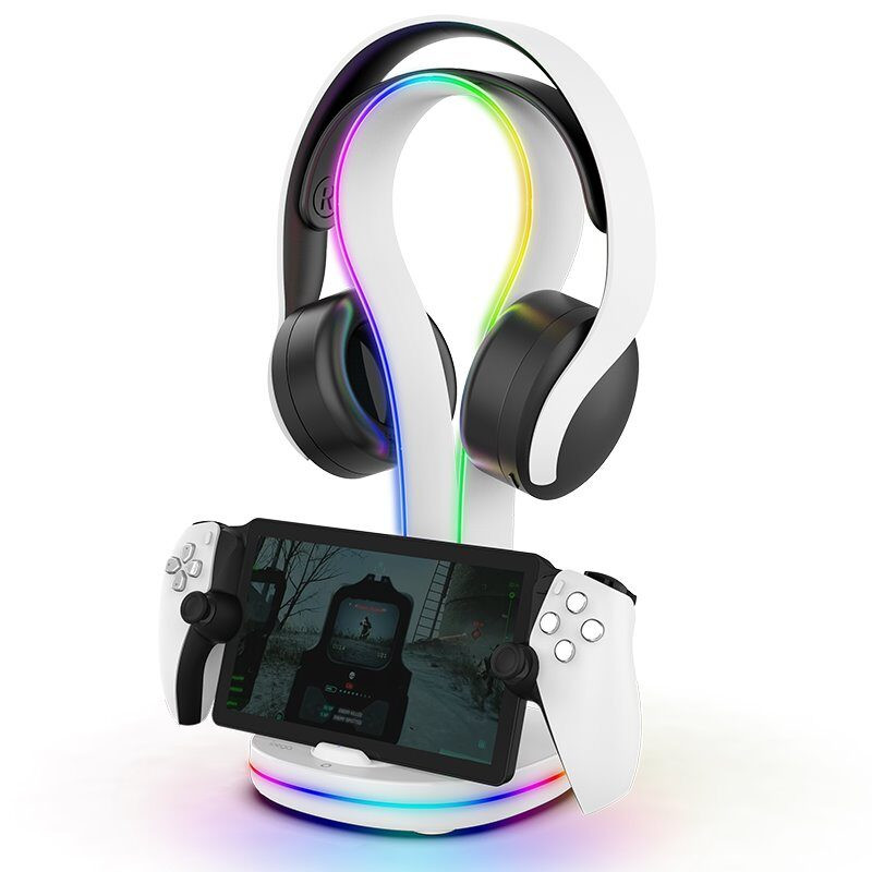 iPega P5P23 nabíjecí RGB stojan pro Playstation Portal Remote Player s držákem na sluchátka White