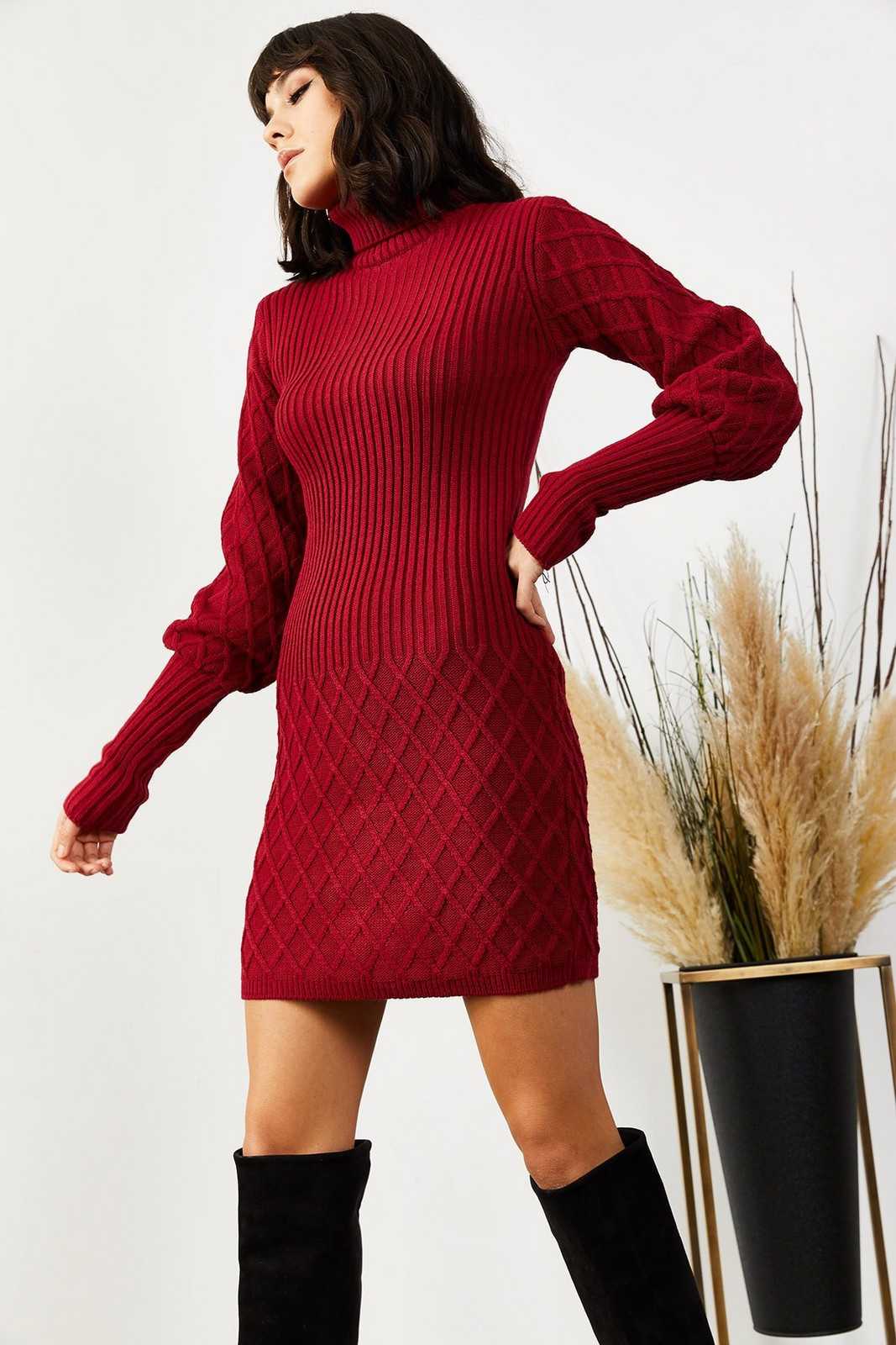 Olalook Women's Burgundy Sleeve and Skirt Textured Knitwear Dress