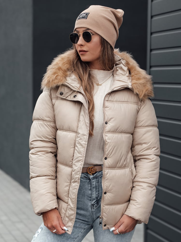Kurtka damska zimowa NORDKOLL pikowana z kapturem jasno beżowa Dstreet