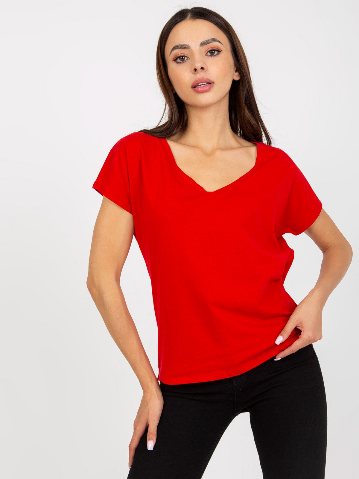 Red cotton V-neck t-shirt BASIC