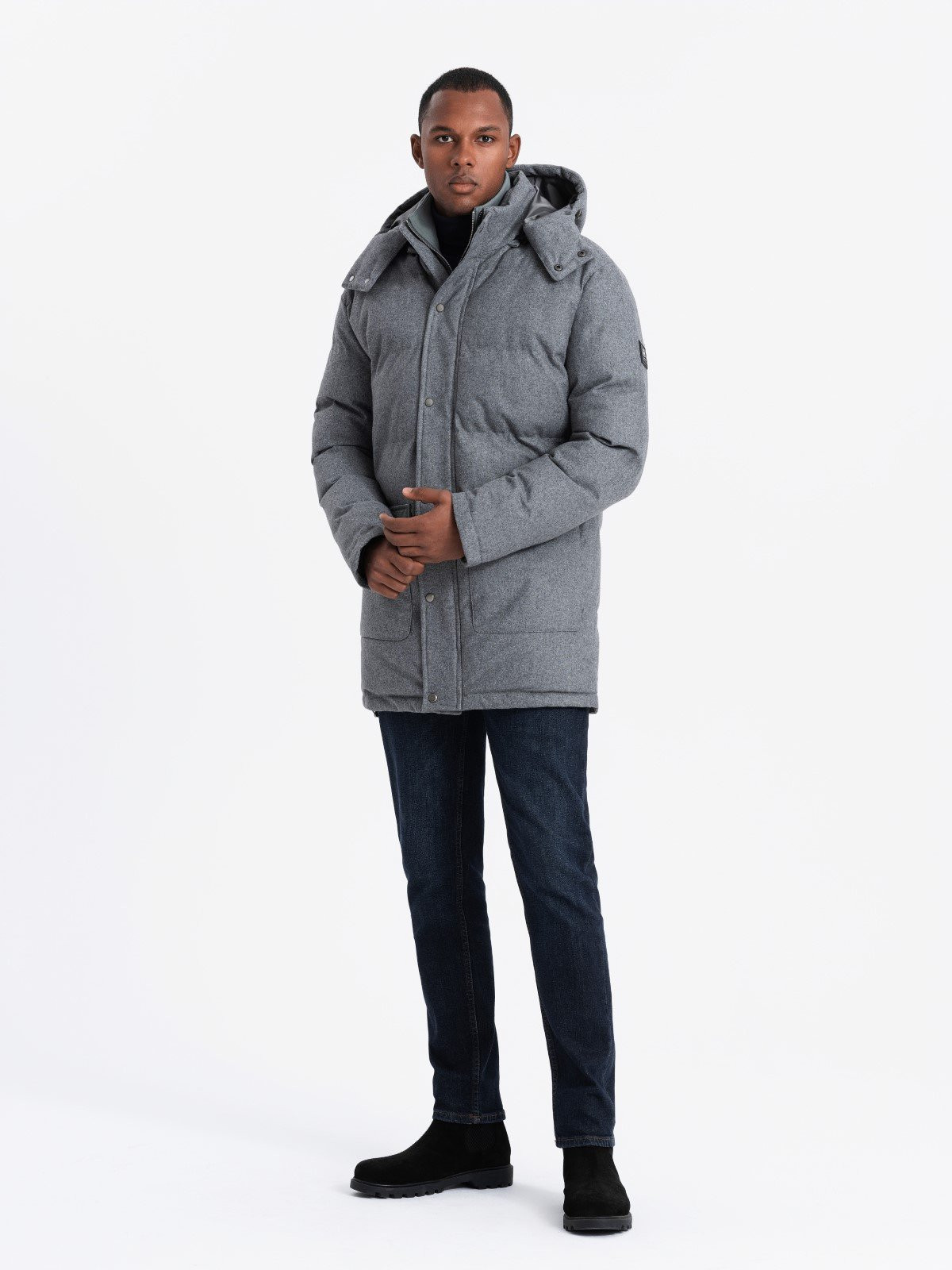 Ombre Warm long men's parka jacket with wool - grey melange