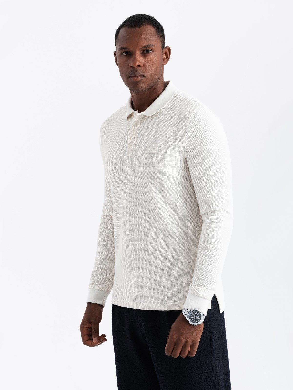 Ombre Structured men's polo longsleeve with patch - white