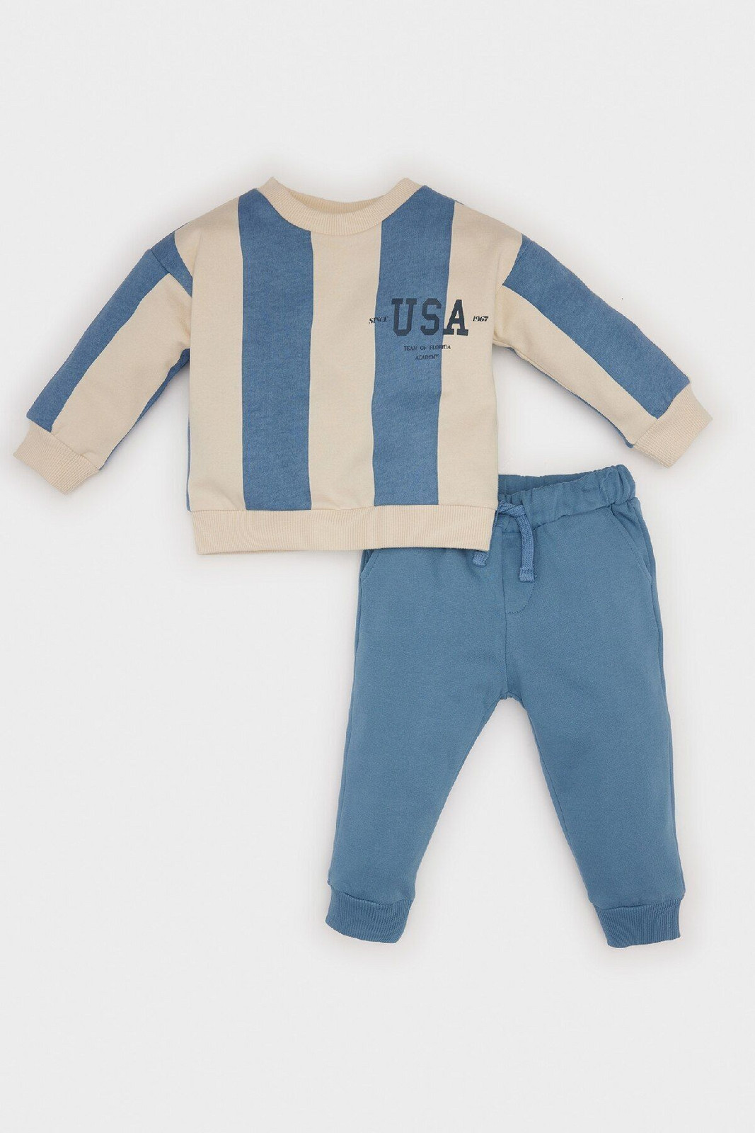 DEFACTO Baby Boy 2-Piece Set Striped Crew Neck Printed Sweatshirt Elastic Waist Tracksuit Bottoms