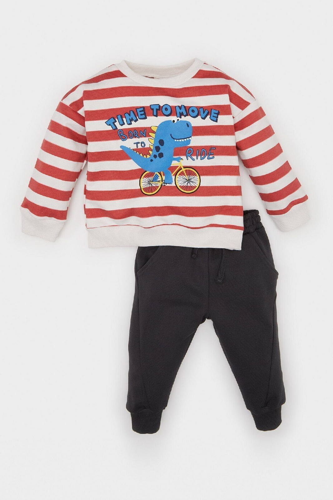 DEFACTO Baby Boy 2-Piece Set Crew Neck Striped Dinosaur Printed Sweatshirt Elastic Waist Tracksuit Bottoms