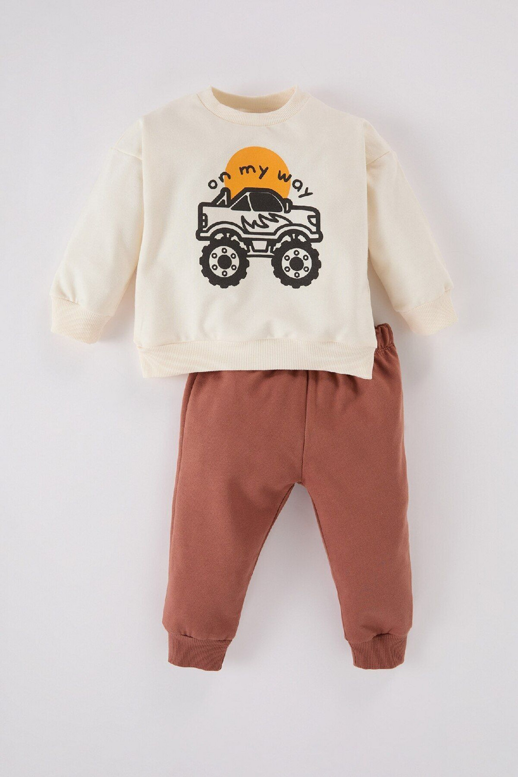 DEFACTO Baby Boy 2-Piece Set Crew Neck Vehicle Printed Sweatshirt Elastic Waist Tracksuit Bottoms