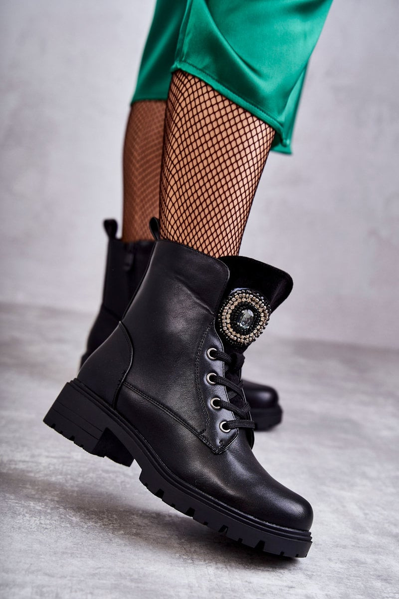 S. BARSKI Teplé Kožené Boty S Dekorací černe Blandi