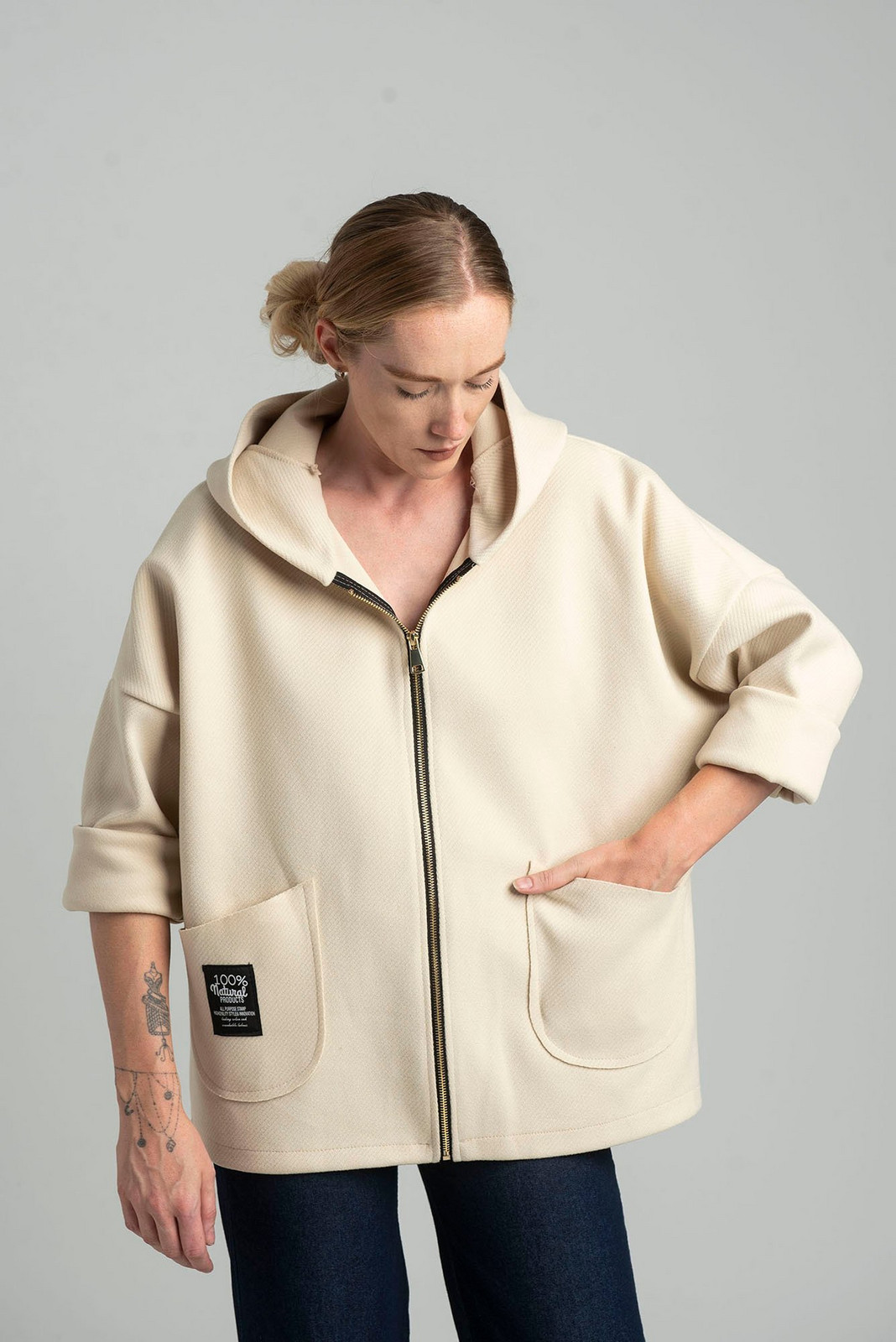 Beige transitional light jacket with hood