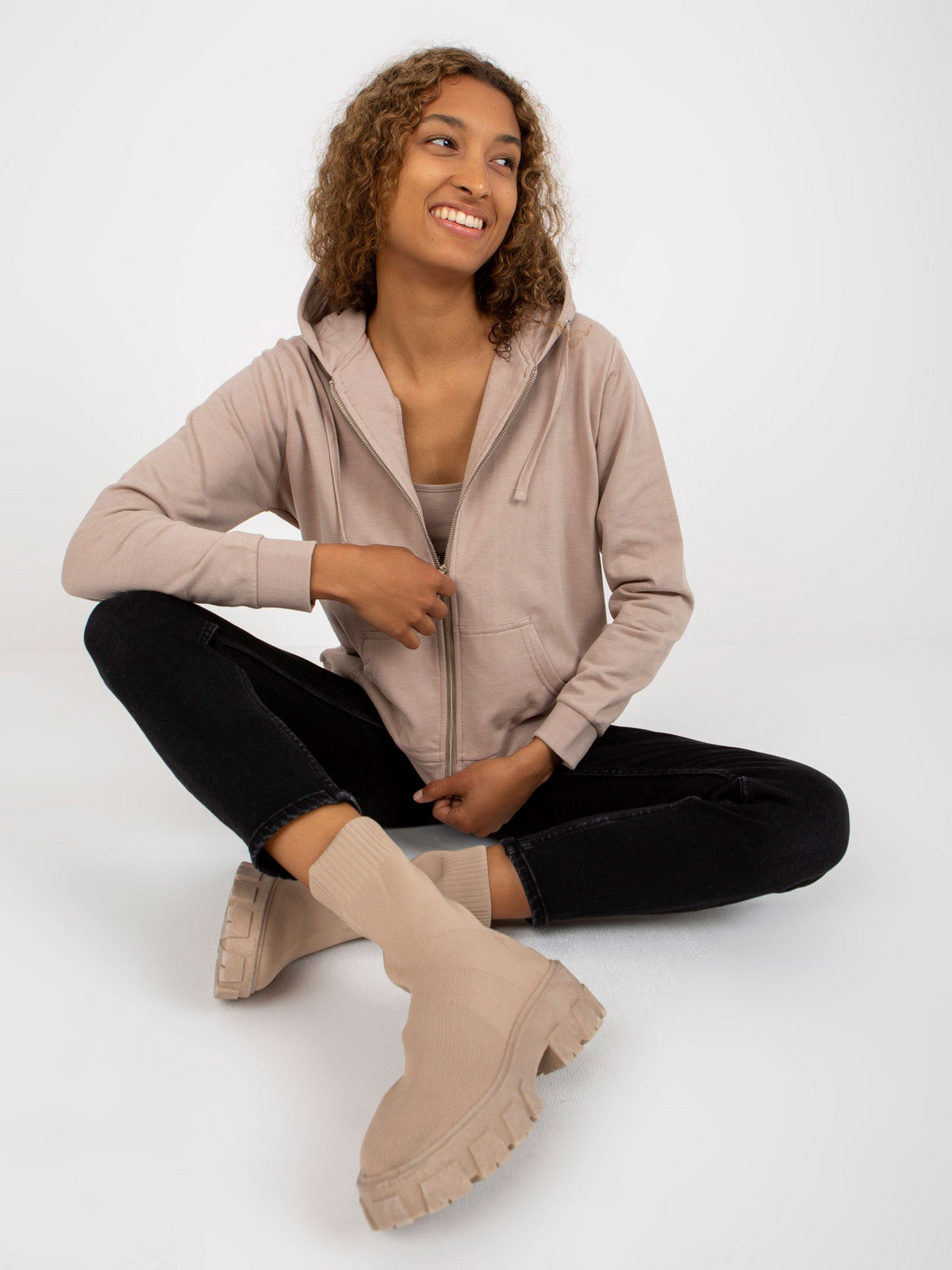 Beige zip-up hoodie with pockets