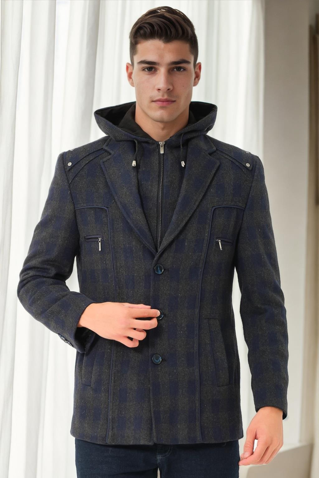 K7532 DEWBERRY MEN'S COAT-PLAID NAVY BLUE-1