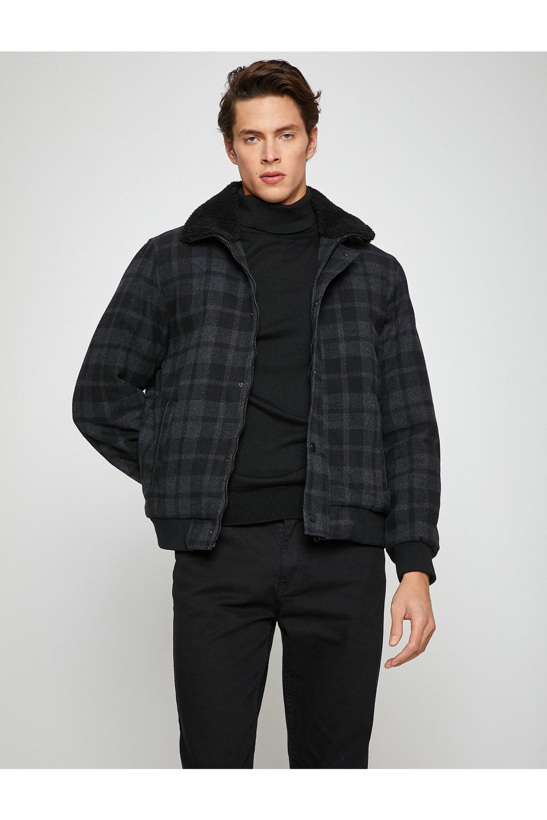 Koton Basic Plaid Pilot Jacket Collar Detailed Snap Snaps Zippered Pocket