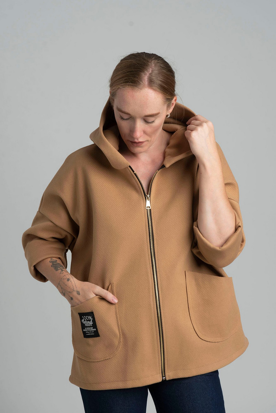 Camel transitional light jacket with hood