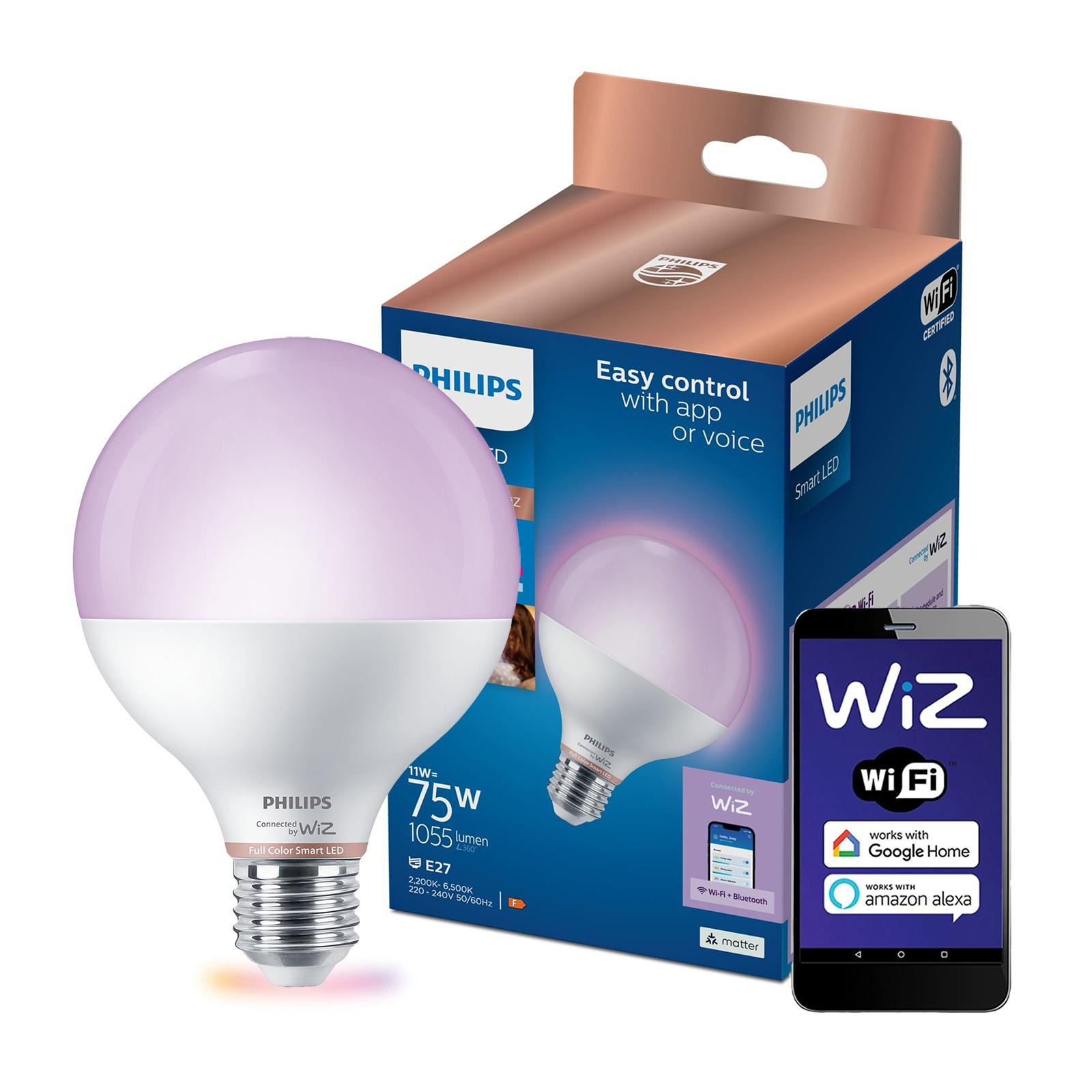 LED žárovka LED E27 G95 11W = 75W 2200-6500K + RGB SMART WiFi Philips WiZ PHWIZ0751
