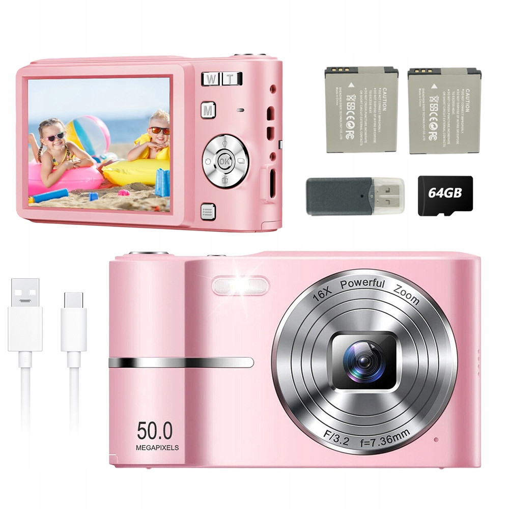 Digitální Fotoaparát Přenosný 1080P Fhd 50MP 16X Zoom 64GB Karta Obrazovka 2.4