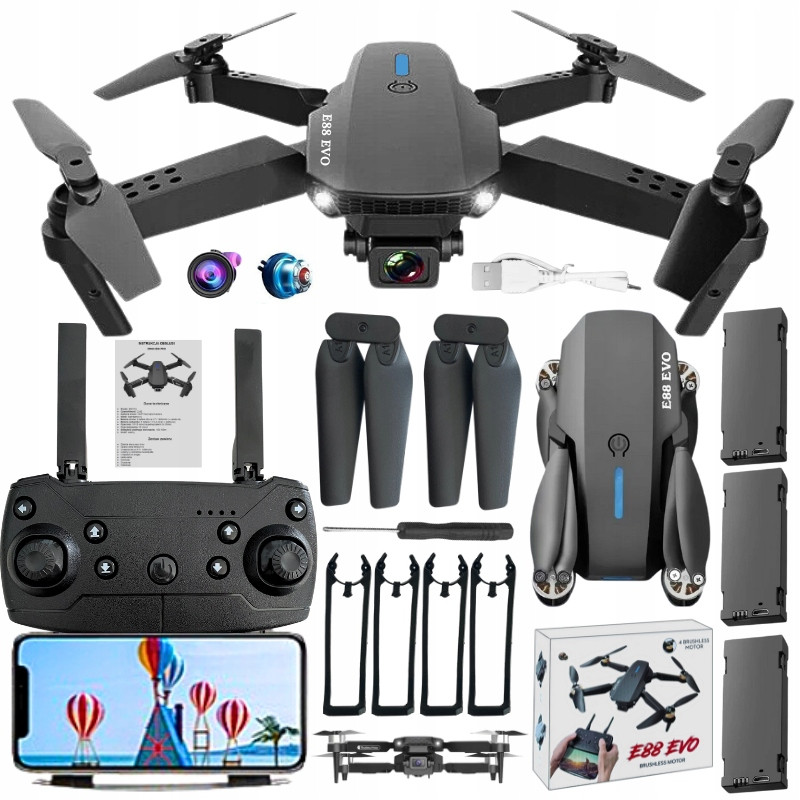 Set Dron s Kamerou E88 Pro Evo 3 Wifi baterie pro děti Led Odolný