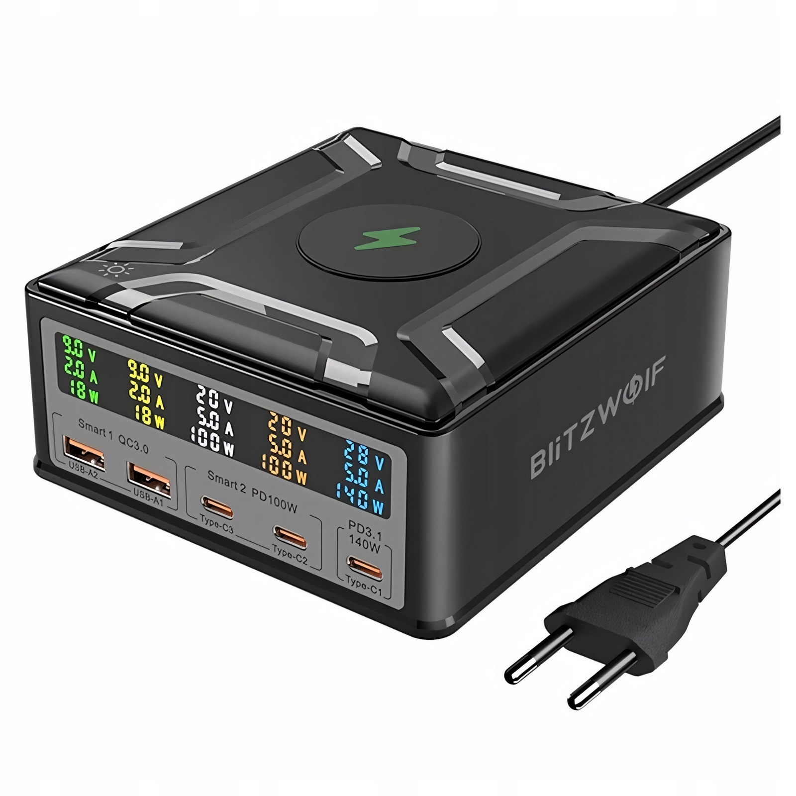 Blitzwolf BW-S28 Síťová a bezdrátová nabíječka Qi PD3.1 QC4+ 6v1 260W