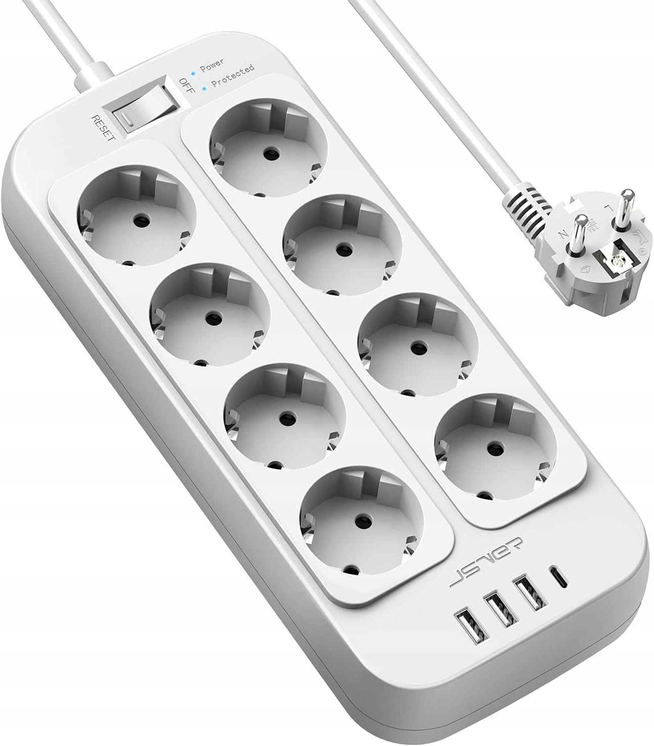 Jsver PS8042 Zásuvková lišta 8 zásuvek 3x Usb Usb-c přepěťová ochrana bílá