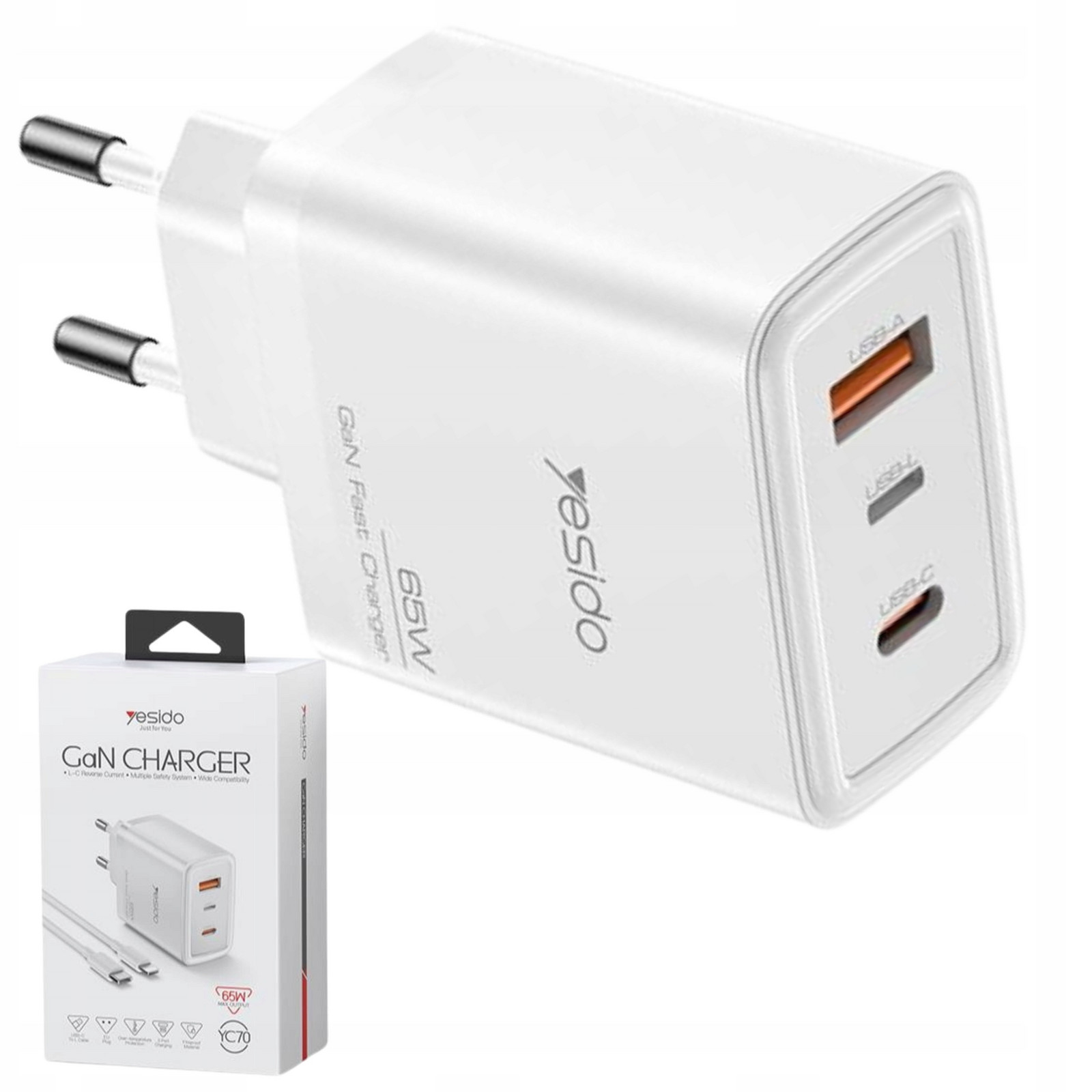 Velmi rychlá nabíječka YC70 Pd 65W Qc Usb-a+c +iP 27W Type-C kabel