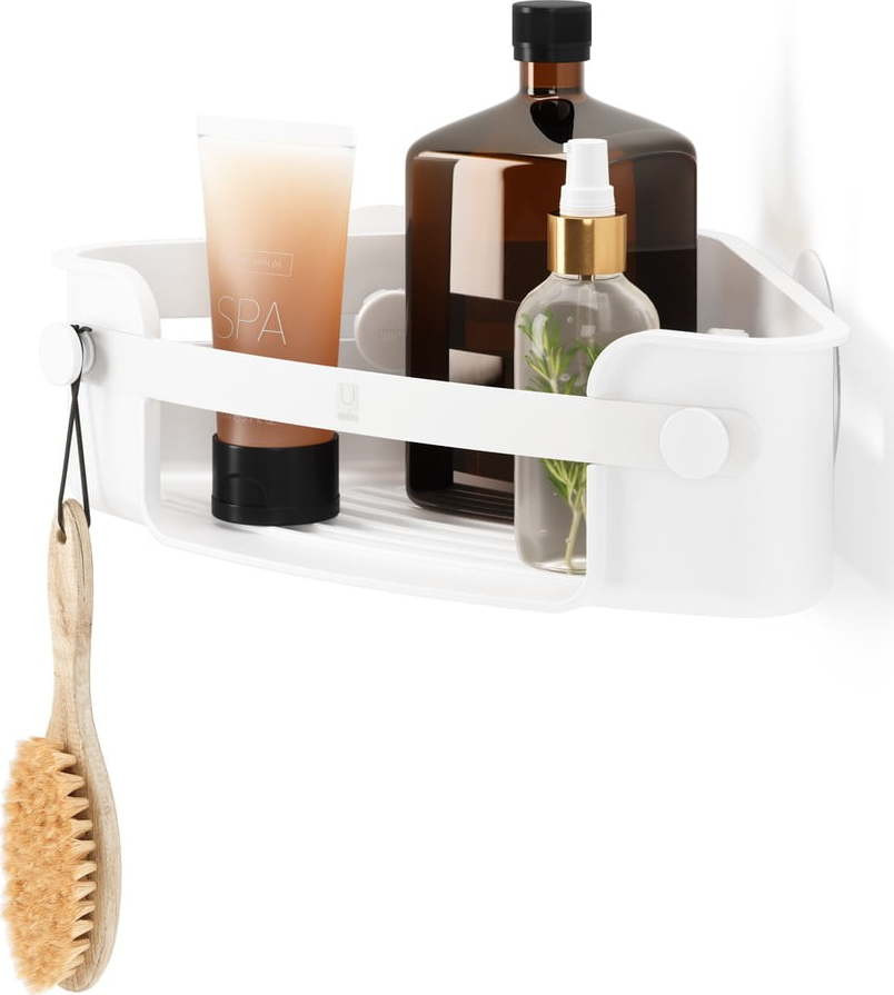 Rohová bílá koupelnová polička z recyklovaného plastu bez vrtání Flex – Umbra