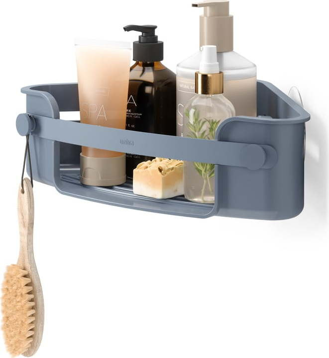 Rohová modrá koupelnová polička z recyklovaného plastu bez vrtání Flex – Umbra