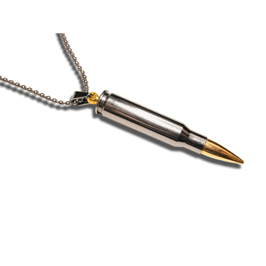 Náhrdelník s nábojem .308 Winchester a nerezovým řemínkem - stříbrný-zlatý