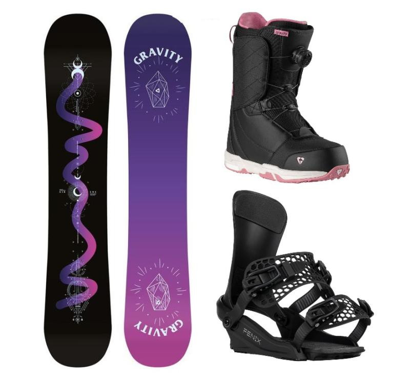 Gravity Sirene Black 24/25 snowboard + Gravity Fenix black vázání + Gravity Aura Atop black/rose boty