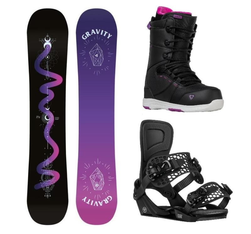 Gravity Sirene Black 24/25 snowboard + Gravity Rise black vázání + Gravity Bliss black/purple boty