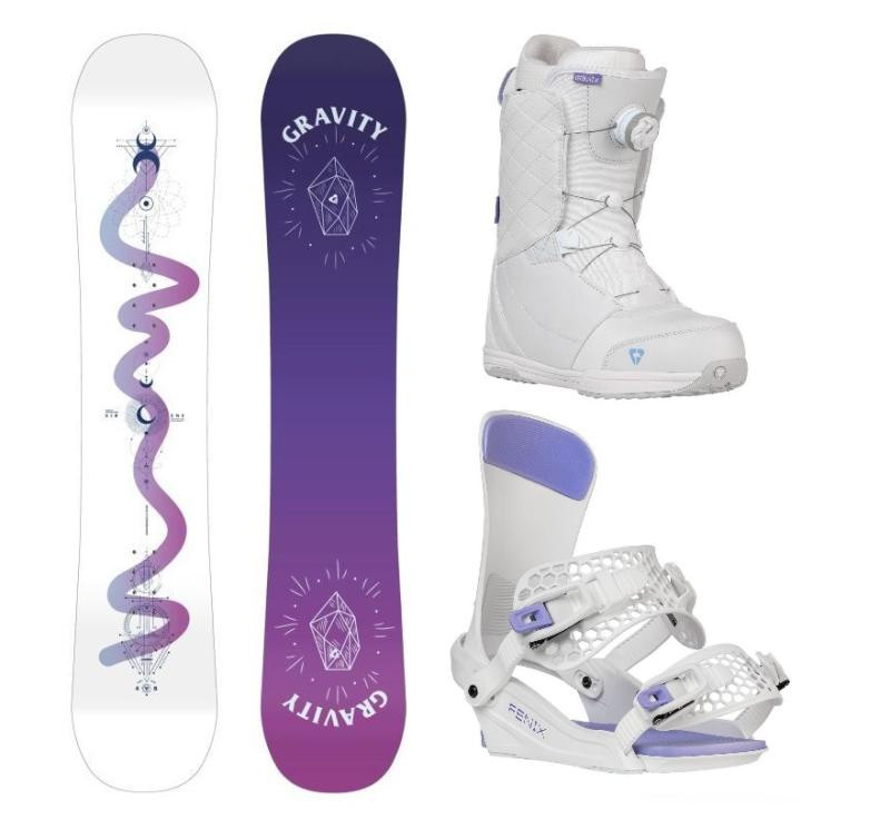 Gravity Sirene White 24/25 snowboard + Gravity Fenix white/lavender vázání + Gravity Aura Atop white/levander boty