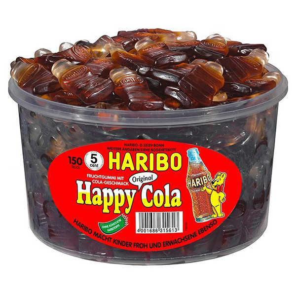 Haribo Happy Cola - Želé bonbony kolové lahvičky 1200g (dóza 150ks)