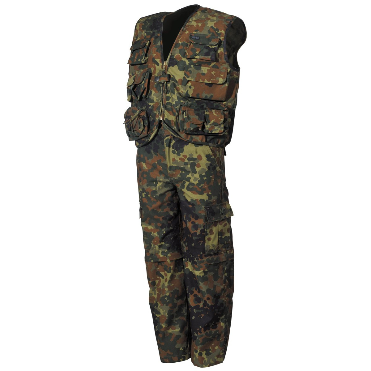 Dětský komplet Flecktarn maskovací souprava vesta a kalhoty / bermudy MFH® 17203V Velikost: XL (158-164cm)