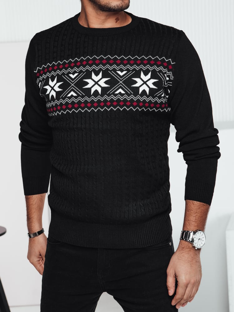 Sweter męski w śnieżynki czarny Dstreet
