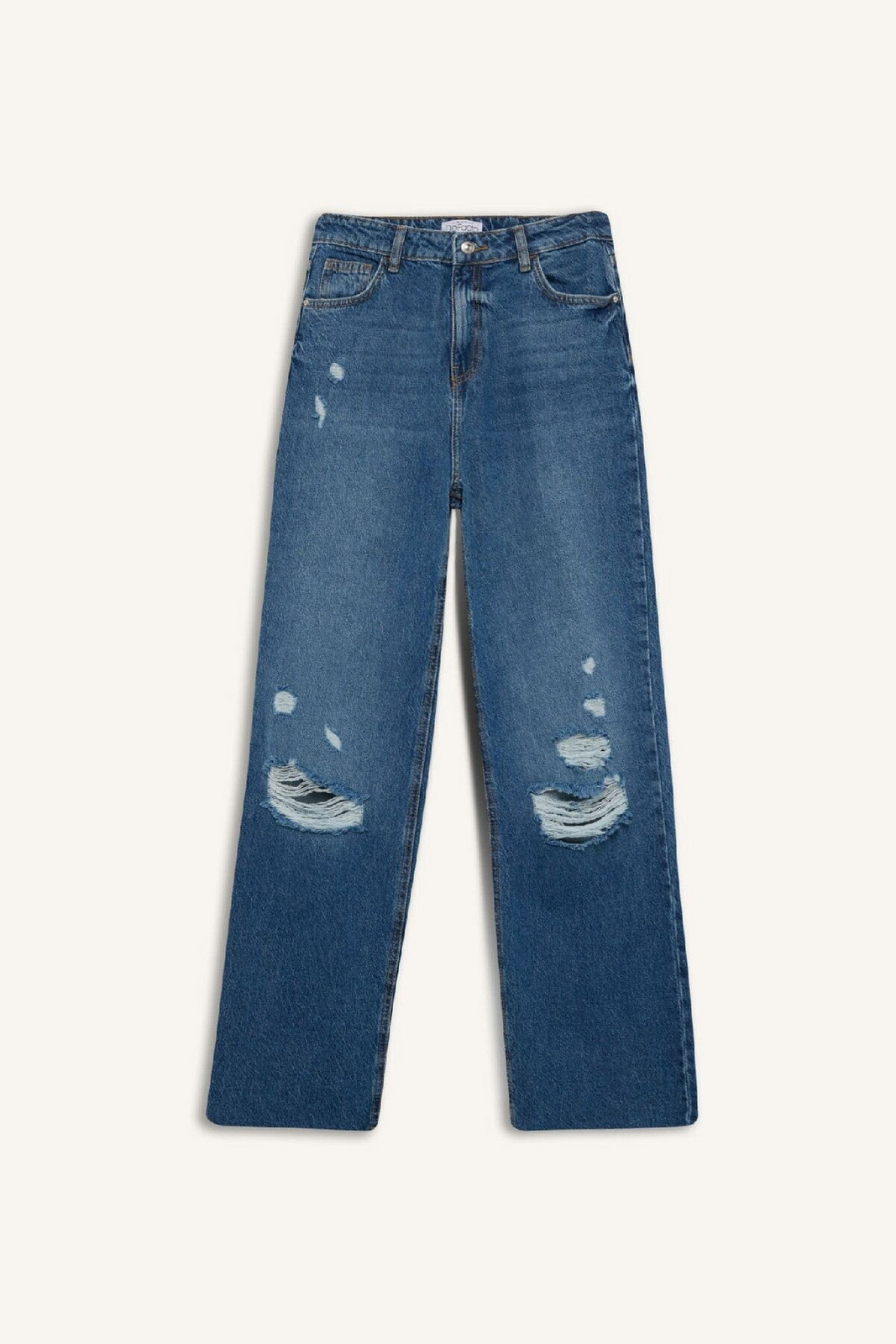 DEFACTO 90's Wide Leg Ripped Detail High Waist Long Jean Washed Trousers