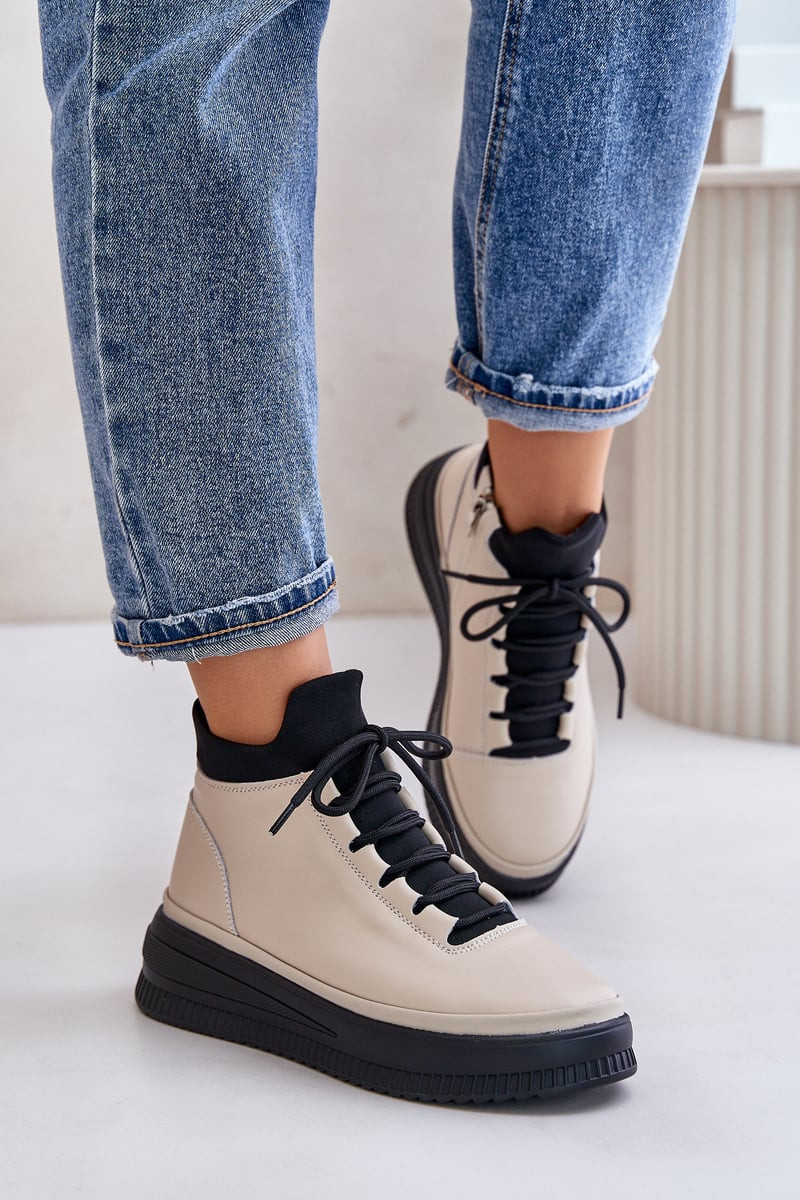 Lehká Kožená Sportovní Obuv Na Platformě Béžová Artiker