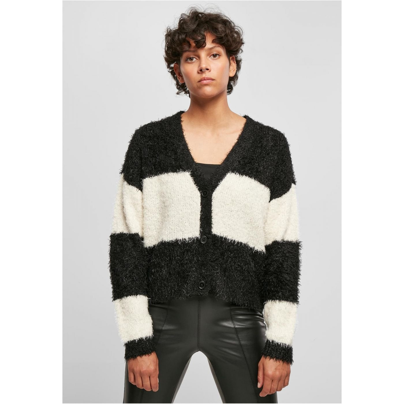 Dámský krátký oversized péřový cardigan black/white sand