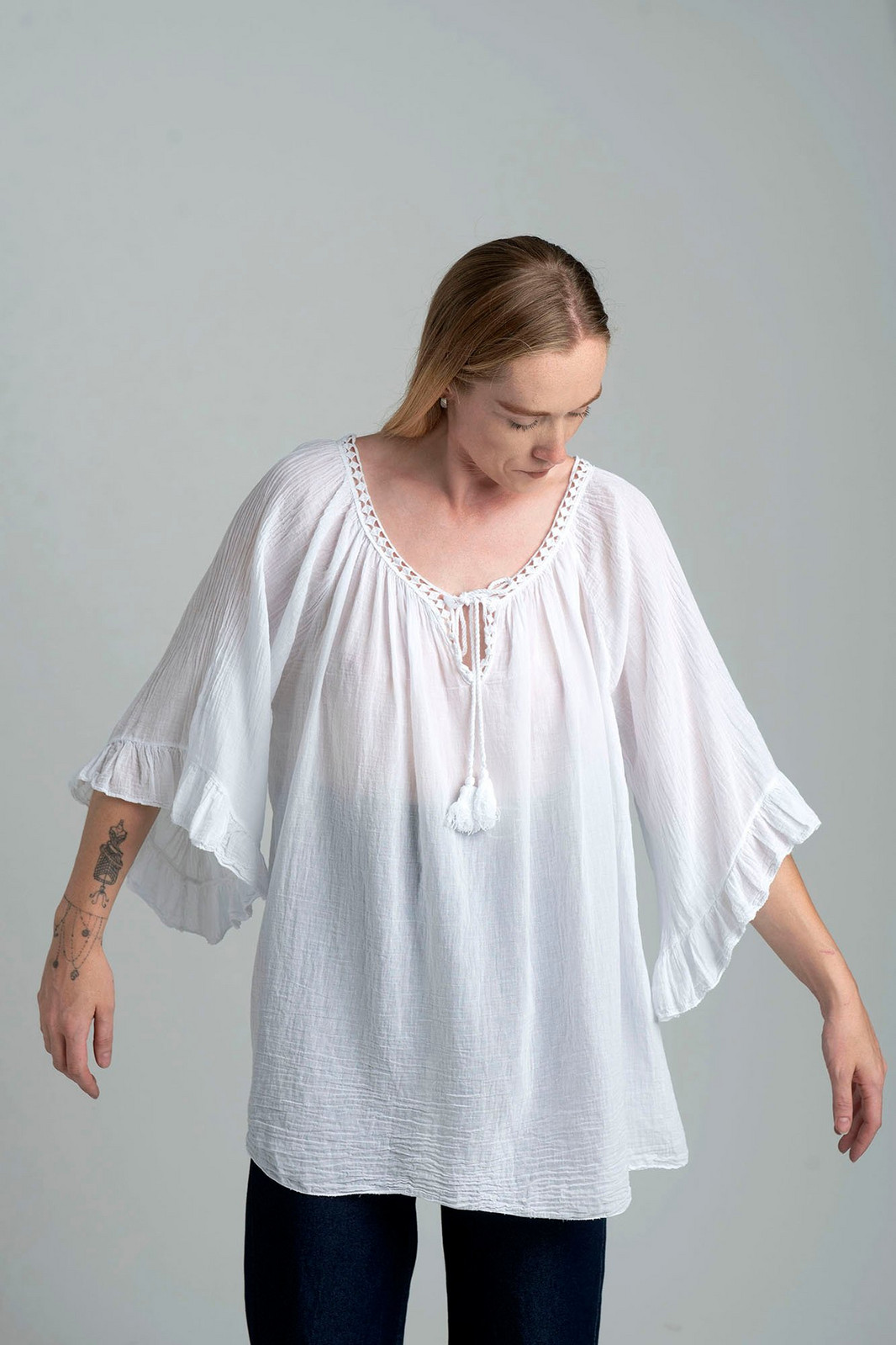 White airy boho blouse oversize with tassel